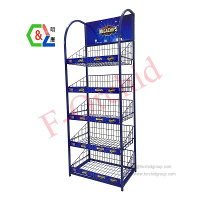 Retail Store Multi Shelf Pop Exposition Floor Stand Customized Iron Steel Gird Wire Potato Chips Snack Food Metal Display Rack